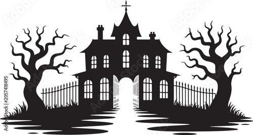 Silhouette of a spooky haunted house with bare trees and a fence, vector illustration of a creepy mansion for halloween design
