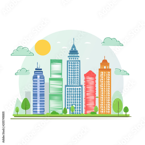 Flat design city skyline with modern skyscrapers