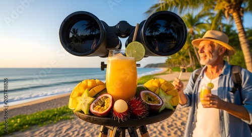 Tropical beach breakfast with binoculars and fresh fruit display