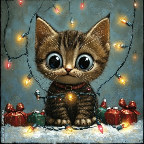A cute kitten wrapped in lights sits among gifts radiating holiday cheer