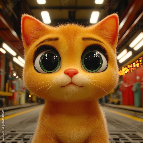 A cute orange kitten with big green eyes gazes at the viewer on the platform