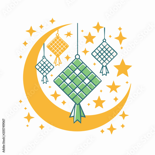 Ketupat and Crescent Moon with Stars Illustration