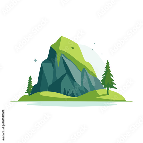 Minimalist 3D mountain with pine tree and snow