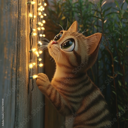 Curious little cat gazes at glowing lights while exploring a tranquil garden atmosphere