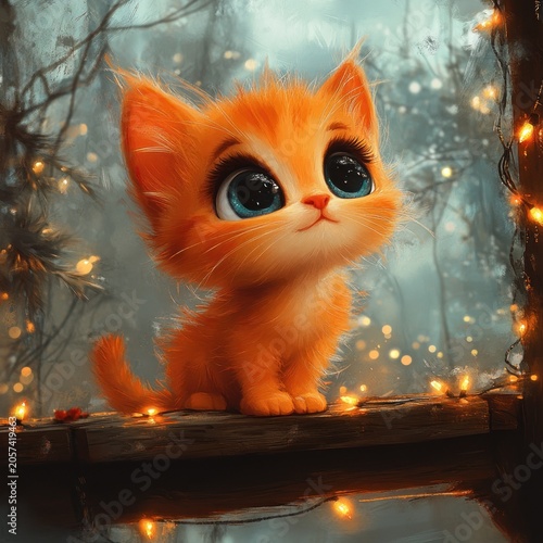 A fluffy orange kitten sits on a ledge gazing at glowing forest lights