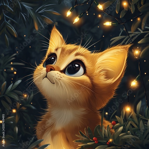 A small orange kitten looks up with wonder at glowing lights among lush greenery