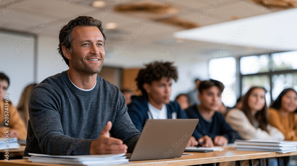 Fototapeta premium Back-to-school orientation coordinator demonstrates college counseling platform scholarship database to group of first-generation high school seniors seated at shared tables in