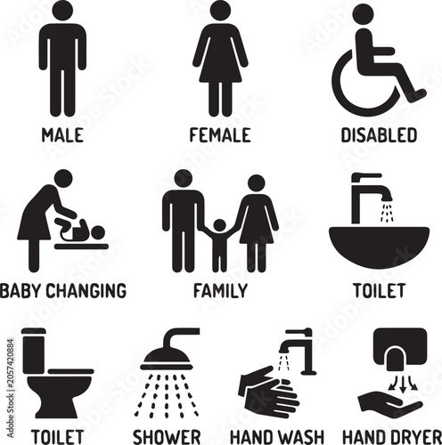 Restroom and bathroom sign icons set vector with male female disabled baby changing room family toilet shower hand wash and hand dryer symbols isolated on white background.