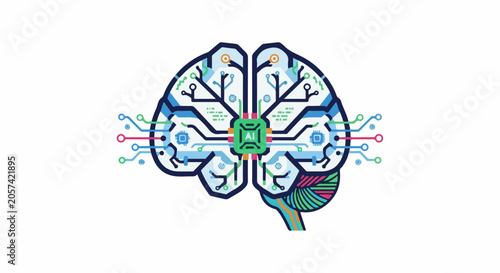 Stylized illustration of a brain with AI chip, circuitry, and colorful connections