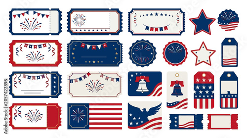 Patriotic icons, American symbols, red white blue labels, 4th of July elements, vector graphics isolated on White Background USA, Editable EPS