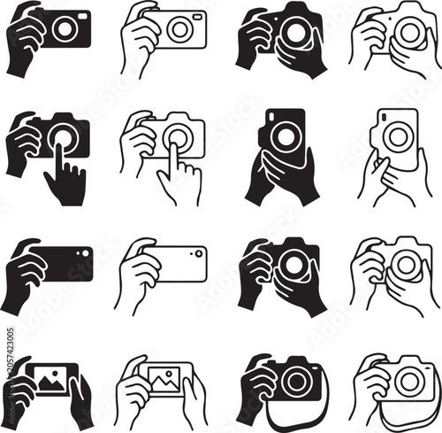 Hands Holding Camera and Smartphone Icons - Photography Gestures Vector Set