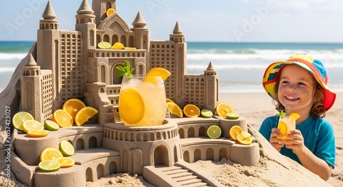Sandcastle and refreshing summer drinks on a sunny beach