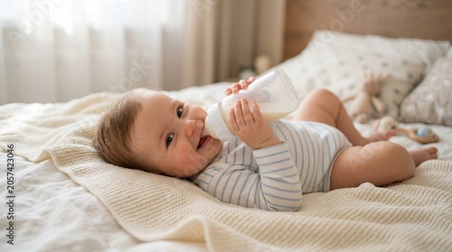 baby drinking milk from bottle at home, Baby lies on bed holding feeding bottle with milk. Soft daylight illuminates cozy bedroom interior. Realistic lifestyle photography. Infant nutrition, childcare