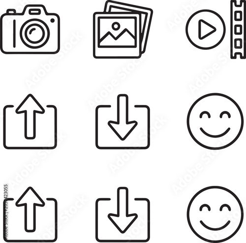 Media and Social Network Icon Set - Camera, Photo, and Interface Symbols Vector