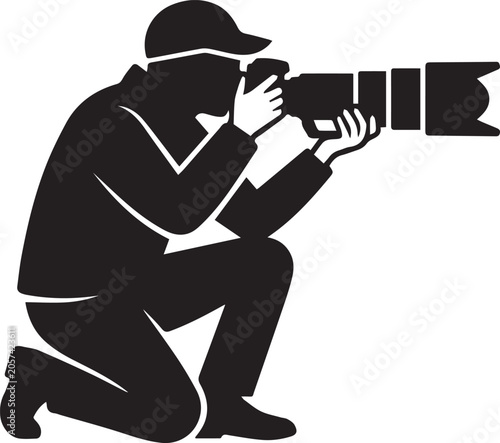 Kneeling Photographer Silhouette Icon - Paparazzi with Telephoto Lens Vector
