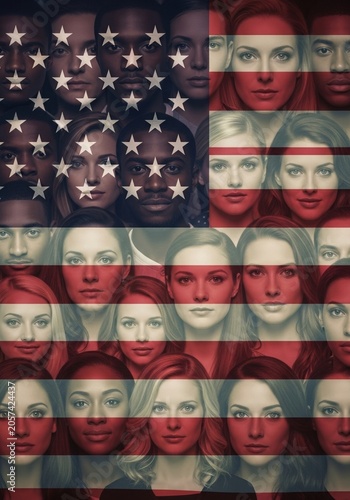 diversity and American population concept, Diverse group of men and women of different ethnicities arranged in a collage with transparent United States flag overlay, multicultural society, citizenship