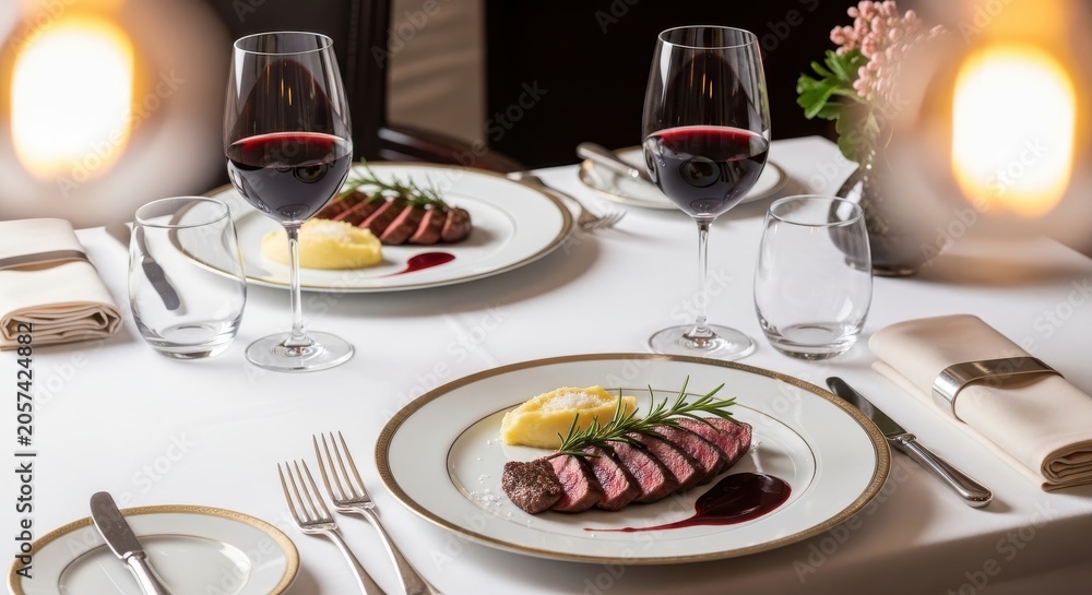 Fototapeta premium Elegant fine dining table setting with steak and red wine