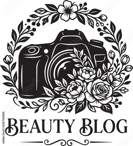 Beauty Blog Logo Design - Floral Photography Camera Badge Vector