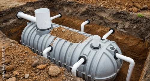 Underground septic tank installation system, Large underground septic tank being installed in excavated trench, connected PVC pipes, residential wastewater treatment system, construction site, drainag