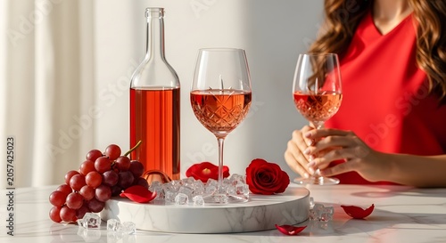 Ros wine still life with red roses and grapes on marble