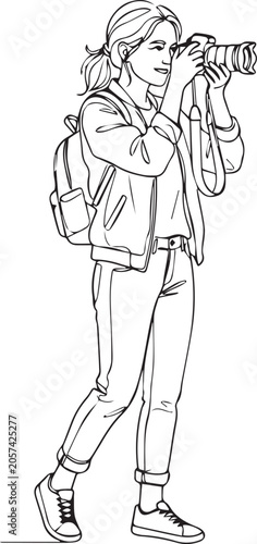 Continuous Line Art of Woman Photographer - Girl Taking Photo Vector Illustration