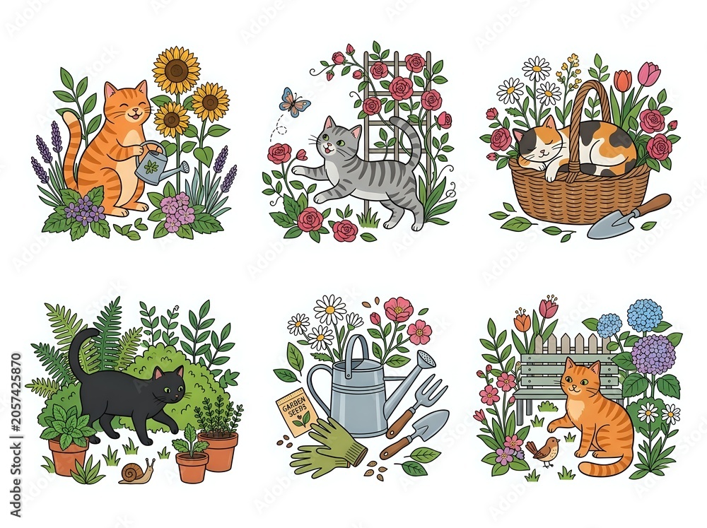 Fototapeta premium Set of charming watercolor illustrations of cats with flowers vegetables and garden baskets in colorful style for nature and decorative art design.