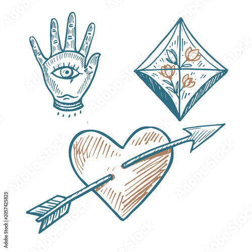 Mystical Tattoo Flash Vector Set Hand Drawn Eye Hand Heart Arrow Crystal Flower Witchy Clipart
