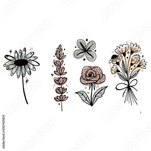 Boho Wildflower Vector Set Hand Drawn Daisy Rose Lavender Bouquet Botanical Floral Clipart