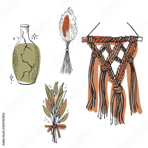 Boho Home Decor Vector Set Hand Drawn Macrame Wall Hanging Vase Dried Flowers Pampas Clipart
