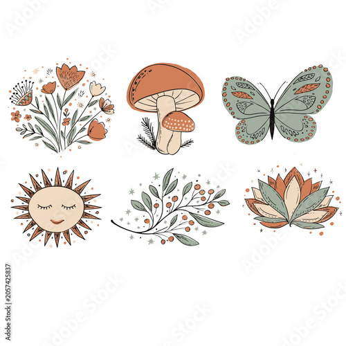 Boho Nature Vector Set Hand Drawn Mushroom Butterfly Lotus Sun Wildflower Cottagecore Clipart
