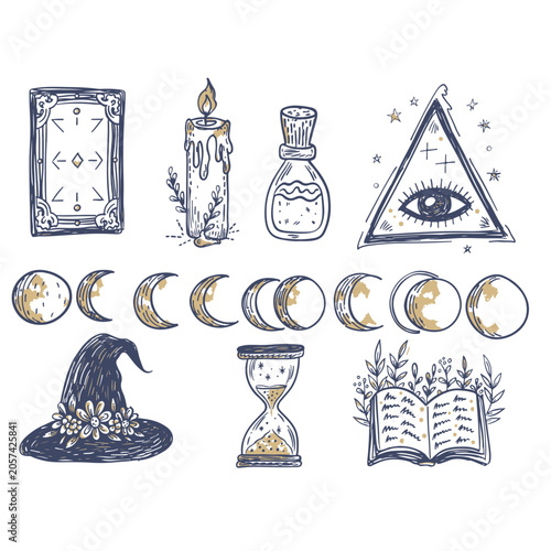 Witchy Occult Vector Set Hand Drawn Tarot Candle Potion Moon Phases Witch Hat Magic Book Clipart