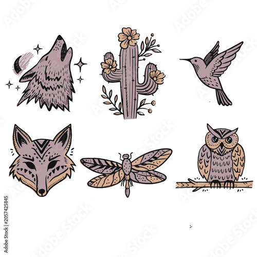 Boho Wild Animals Vector Set Hand Drawn Wolf Fox Owl Hummingbird Cactus Moth Illustration Clipart

