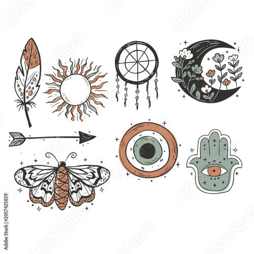 Boho Mystical Vector Set Hand Drawn Spiritual Symbols Hamsa Dreamcatcher Moon Moth Clipart