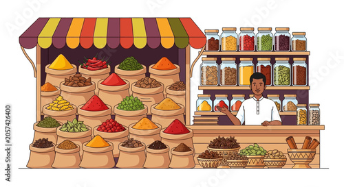 Spice vendor colorful market stall display.