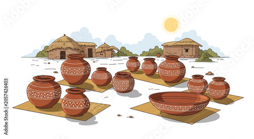 Traditional clay pottery on display outdoors.