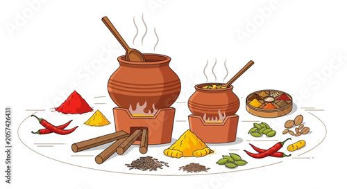 Traditional Indian clay cooking pots spices.