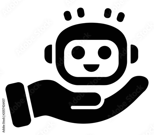 Vector graphic of a robotic face being held in a protective hand with a smiling expression.