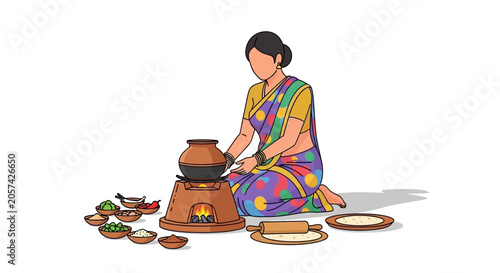 Woman cooking on clay stove outdoors.