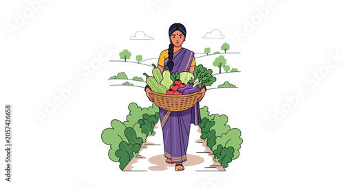 Woman holding basket of fresh vegetables.