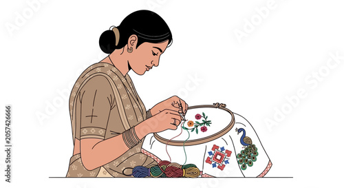 Woman doing embroidery with colorful threads.