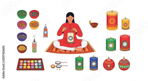 Woman in red dress with Diwali decorations.