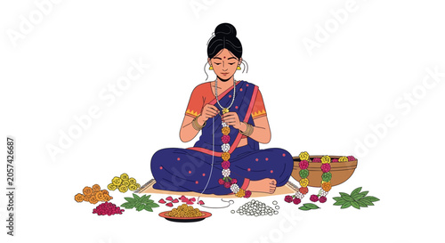 Woman in traditional Indian attire sitting.