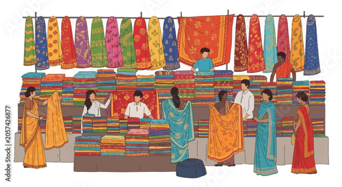 Women selling colorful fabrics at market.