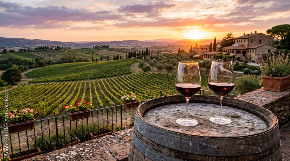 Fototapeta premium Two elegant crystal glasses filled with rich dark red wine rest safely on an aged wooden barrel overlooking a breathtaking Tuscan vineyard.
