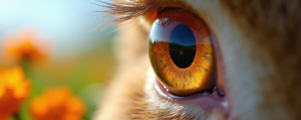 Extreme macro shot of a rabbit eye. Amber iris reflects sunny meadow with orange flowers. Soft focus on fur and background. Animal vision concept.