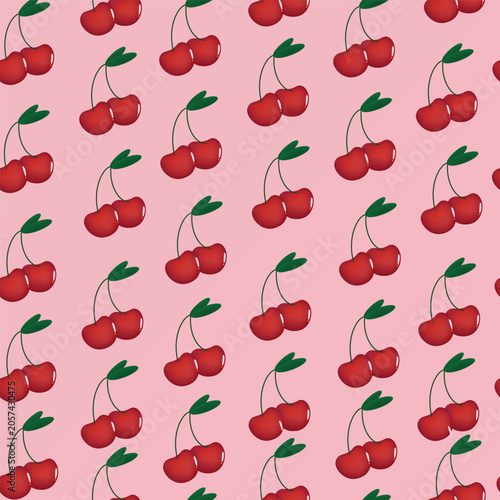 Seamless pattern of red cherry with green leaves on pink background. Cute fruit print. Vector illustration.