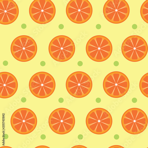 Lemon background. Seamless pattern with orange citrus fruits on yellow background. Vector cartoon flat illustration.