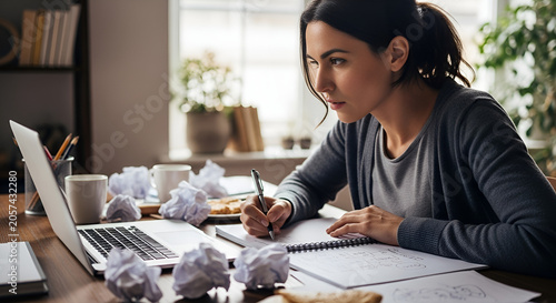 Woman sitting at desk writing in notebook with laptop and crumpled paper