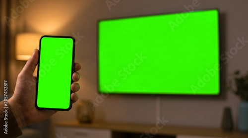 Smartphone and Smart TV Green Screen Mockup in Living Room for Streaming and Screen Mirroring