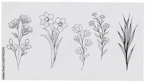 Floral Ornament Collection Of Five Line Art Bouquets On A Light Gray Background